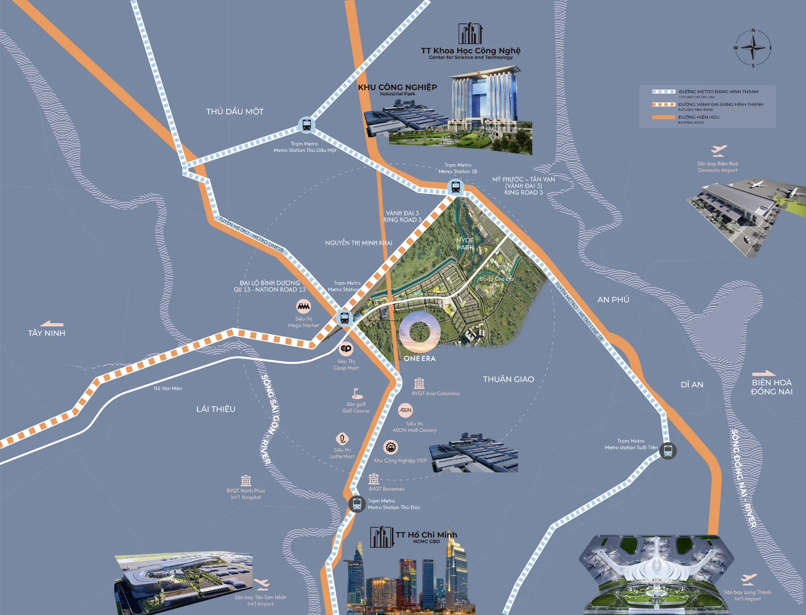 Bản đồ vị trí One Era tại phường Thuận Giao với tuyến metro, Vành đai 3, Quốc lộ 13 và các sân bay Tân Sơn Nhất, Biên Hòa, Long Thành