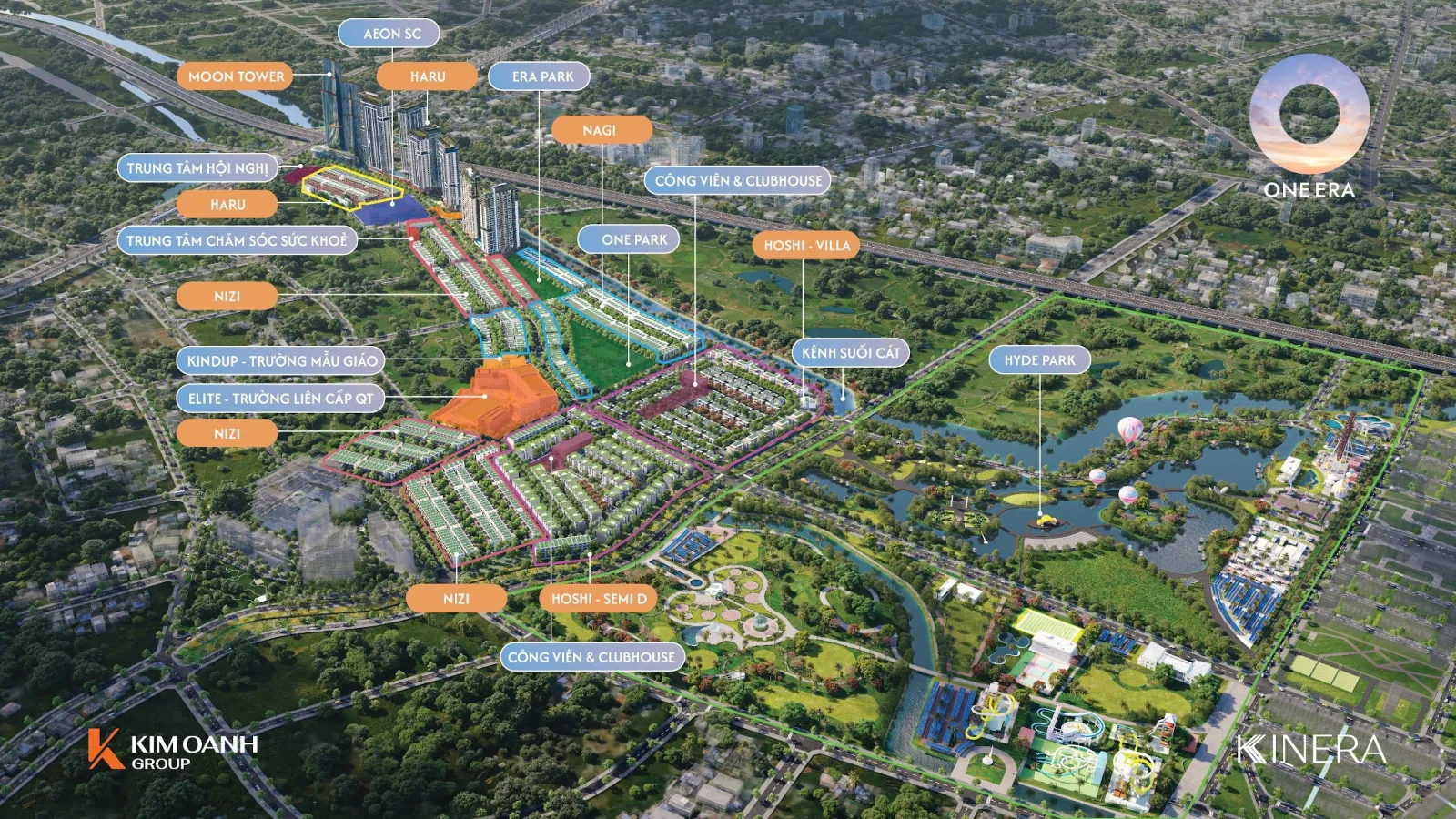 Mặt bằng tổng thể One Era thể hiện các phân khu Nizi, Nagi, Haru, Hoshi, Moon Tower cùng Era Park, One Park và Hyde Park
