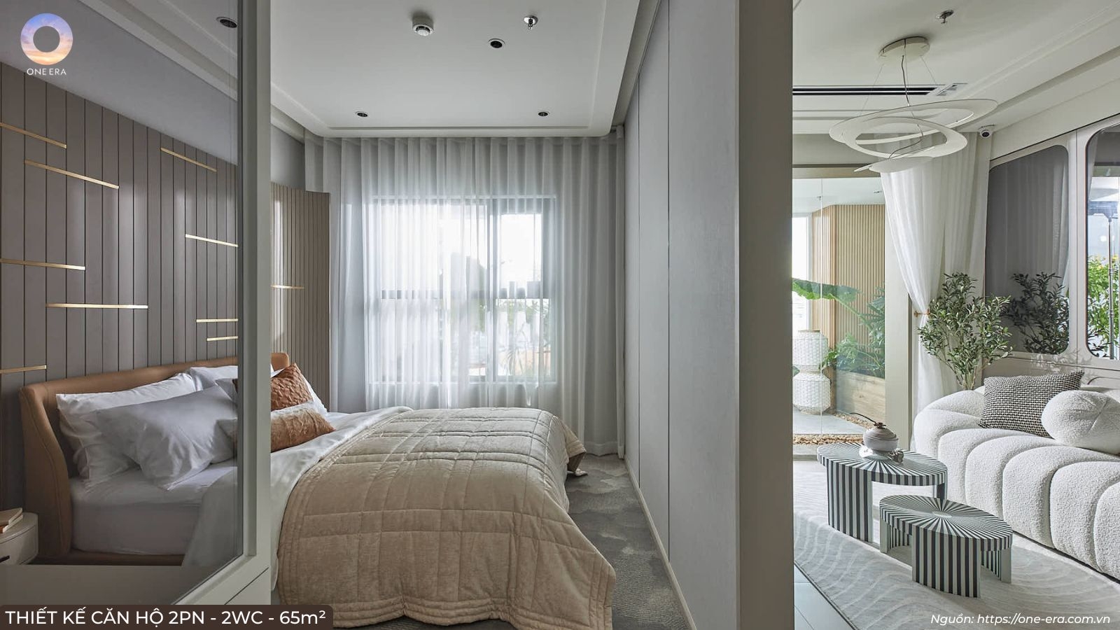 Phòng ngủ và phòng khách nhà mẫu căn hộ 2PN 2WC 65 m² dự án One Era